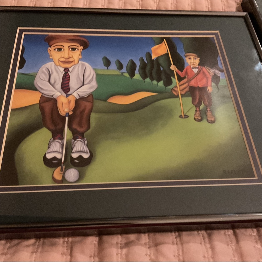 3 CUSTOM FRAMED GOLF PRINTS BY WILL RAFUSE. NEW. EXCELLENT CONDITION.11”X14”
